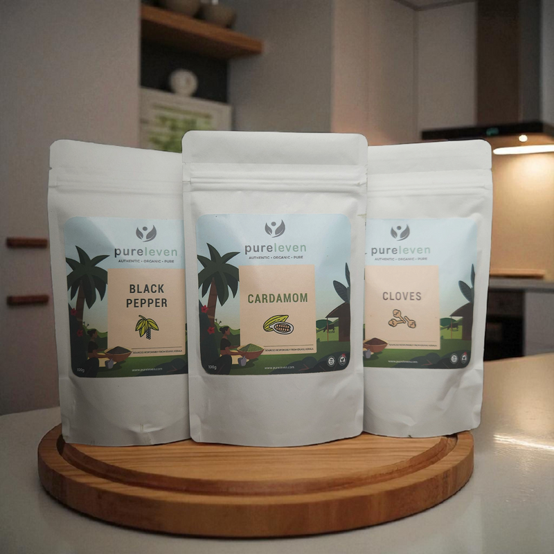 Kerala spice combo pack with cardamom, black pepper, and clove from Organic Pure Leven