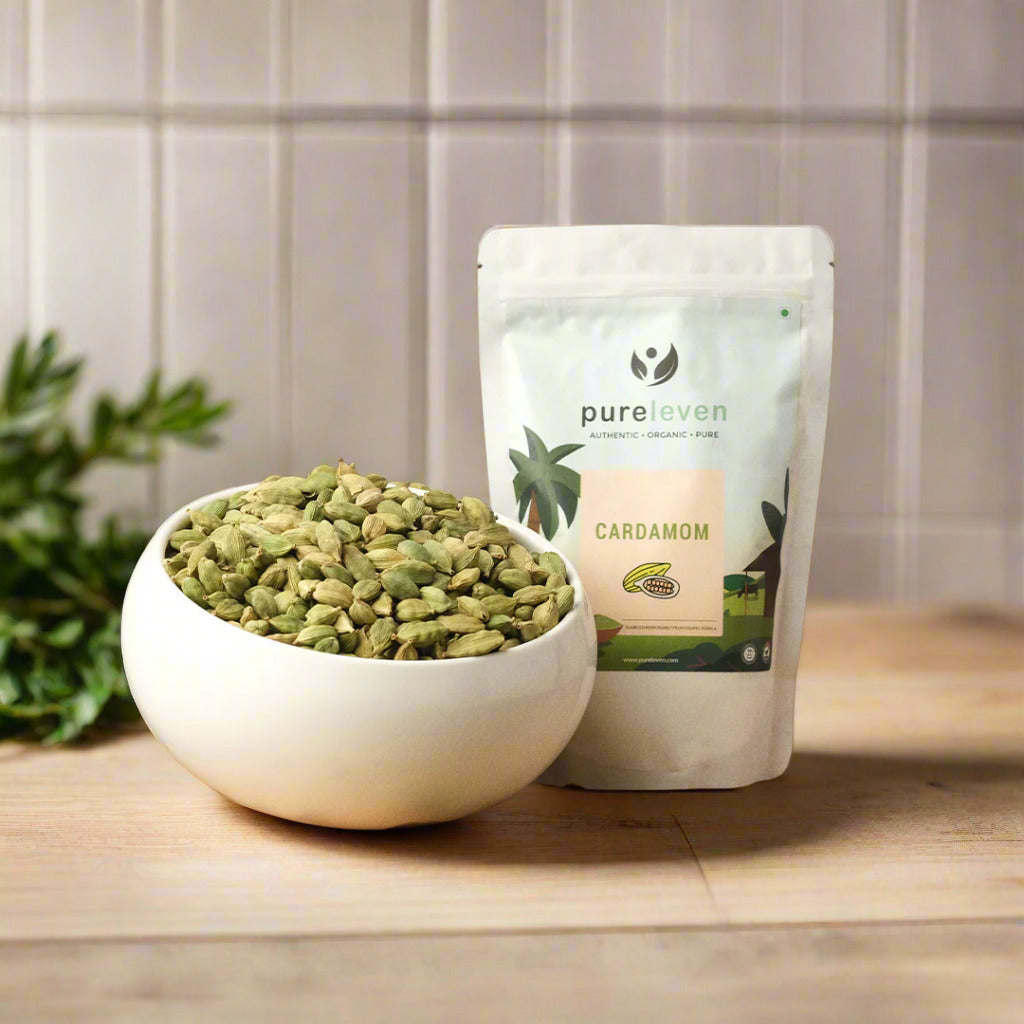 Whole cardamom pods showing premium quality, perfect for chai, desserts, and Indian cooking