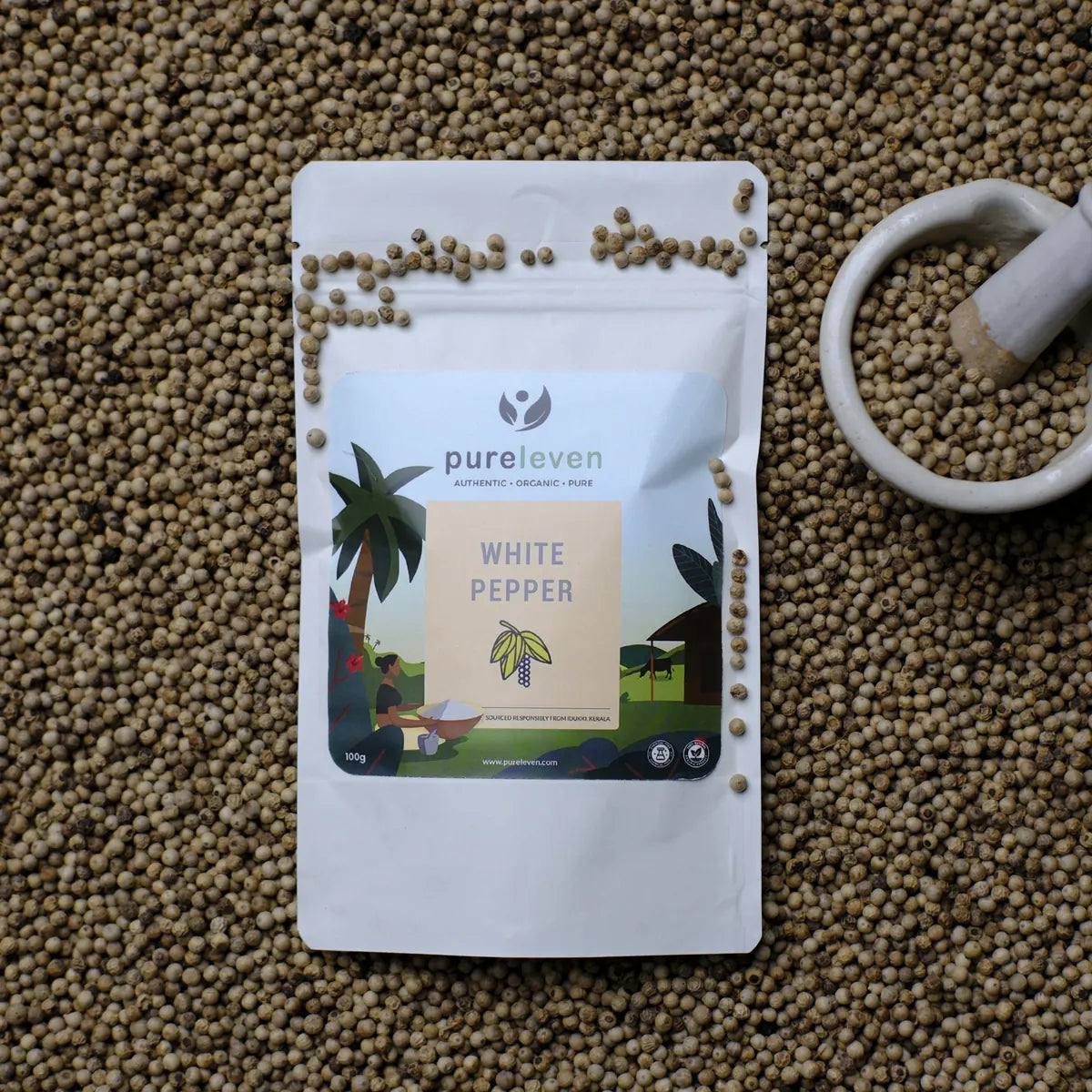 PureLeven white pepper product pack with peppercorns