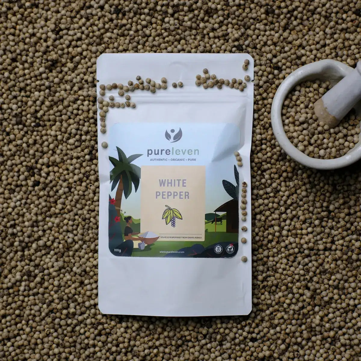 PureLeven white pepper product pack with peppercorns
